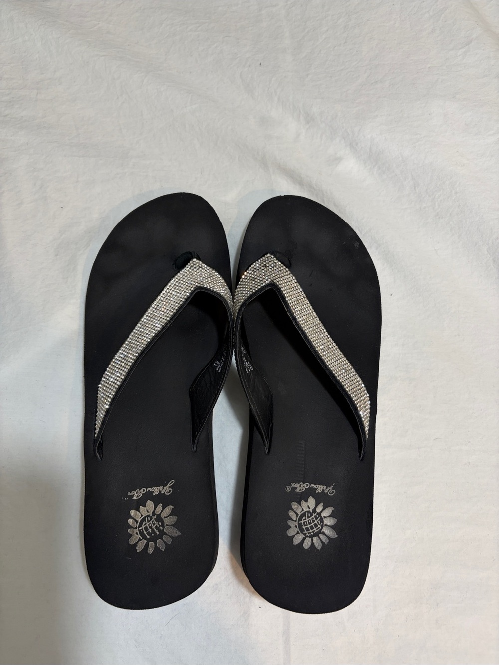 Yellow Box Black Flip Flops with Silver Rhinestone Straps